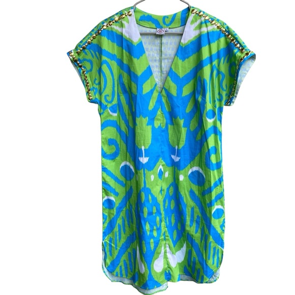 Embellished Sheridan French Tunic dress Green & blue cap Sleeves Large - Picture 2 of 8
